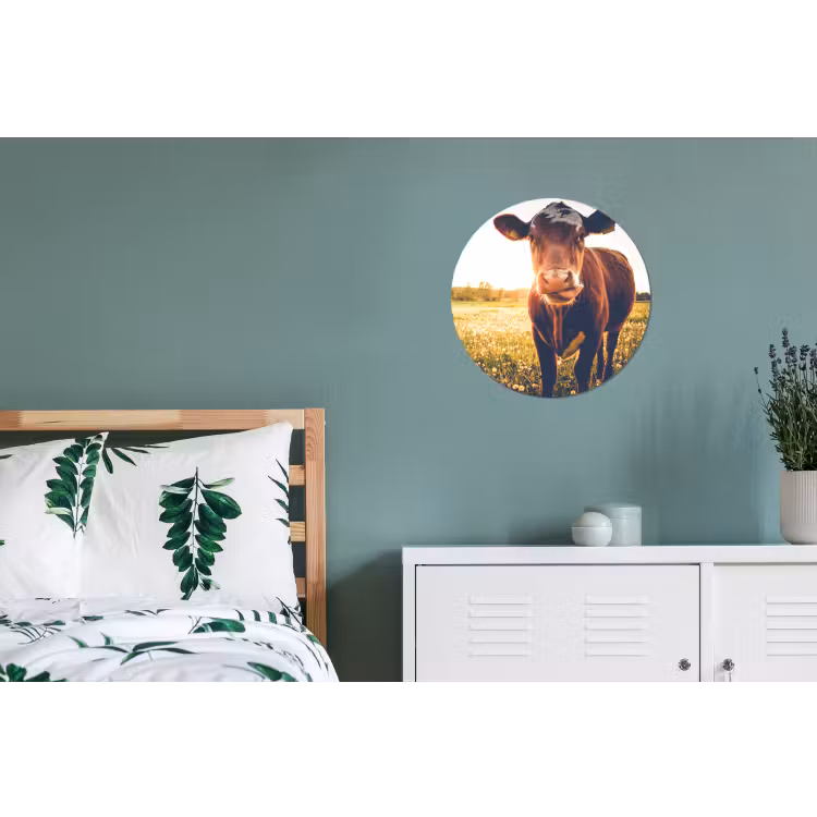 Koe - Zonsondergang - Bloemen - Gras - Dieren Wandcirkel aluminium klein -slaapkamer