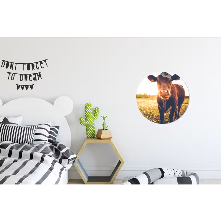 Koe - Zonsondergang - Bloemen - Gras - Dieren Wandcirkel aluminium klein -kinderkamer