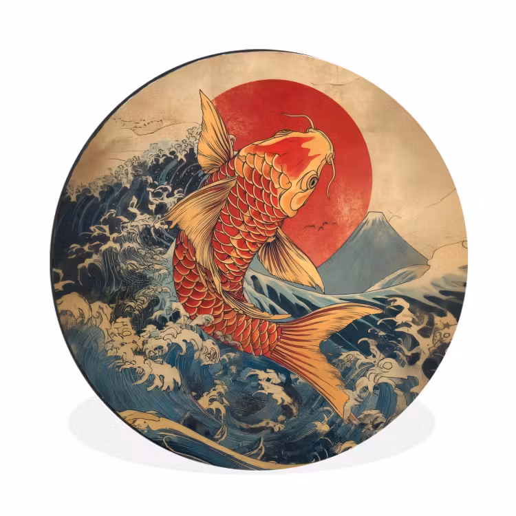 Koi - Zee - Golven - Zon Wandcirkel aluminium klein -3d