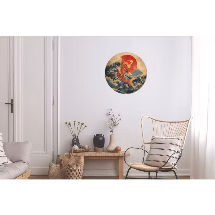 Koi - Zee - Golven - Zon Wandcirkel aluminium klein -woonkamer