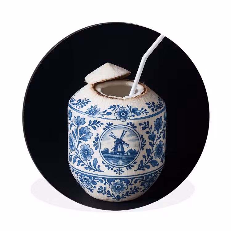 Kokosnoot - Eten - Delfts blauw - Drinken Wandcirkel aluminium klein -3d