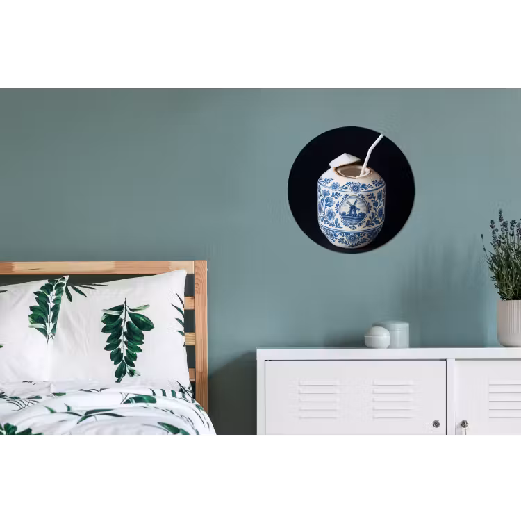 Kokosnoot - Eten - Delfts blauw - Drinken Wandcirkel aluminium klein -slaapkamer