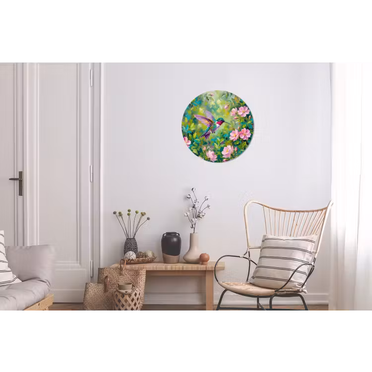 Kolibrie - Bloemen - Natuur - Kleurrijk Wandcirkel aluminium klein -woonkamer
