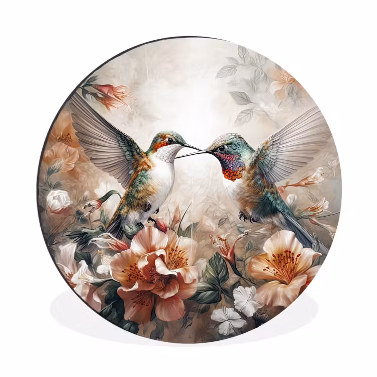 Kolibrie - Vogels - Bloemen - Natuur Wandcirkel aluminium klein -3d