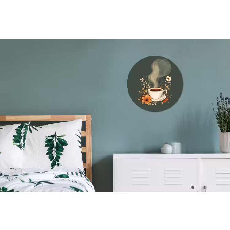 Kop - Bloemen - Groen - Koffie Wandcirkel aluminium klein -slaapkamer