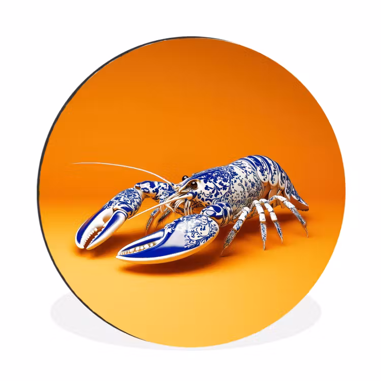 Kreeft - Delftsblauw - Schild - Stoer - Oranje Wandcirkel aluminium klein -3d
