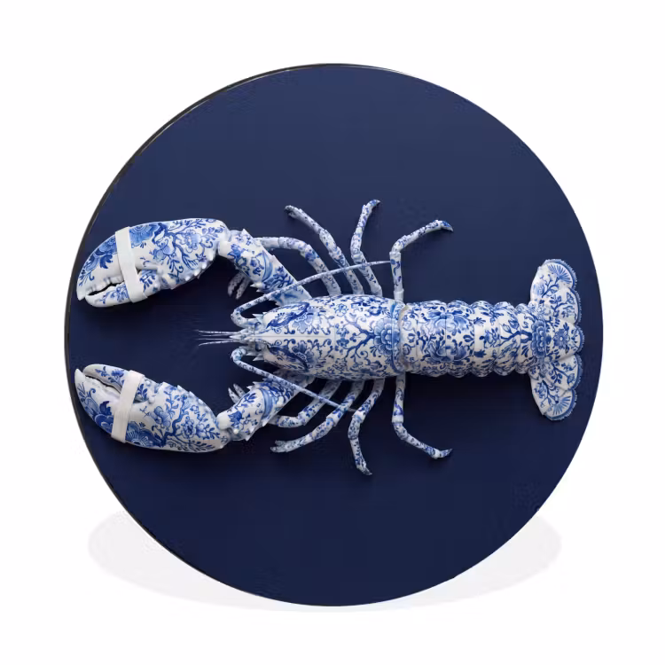 Kreeft - Porselein - Delfts - Blauw Wandcirkel aluminium klein -3d