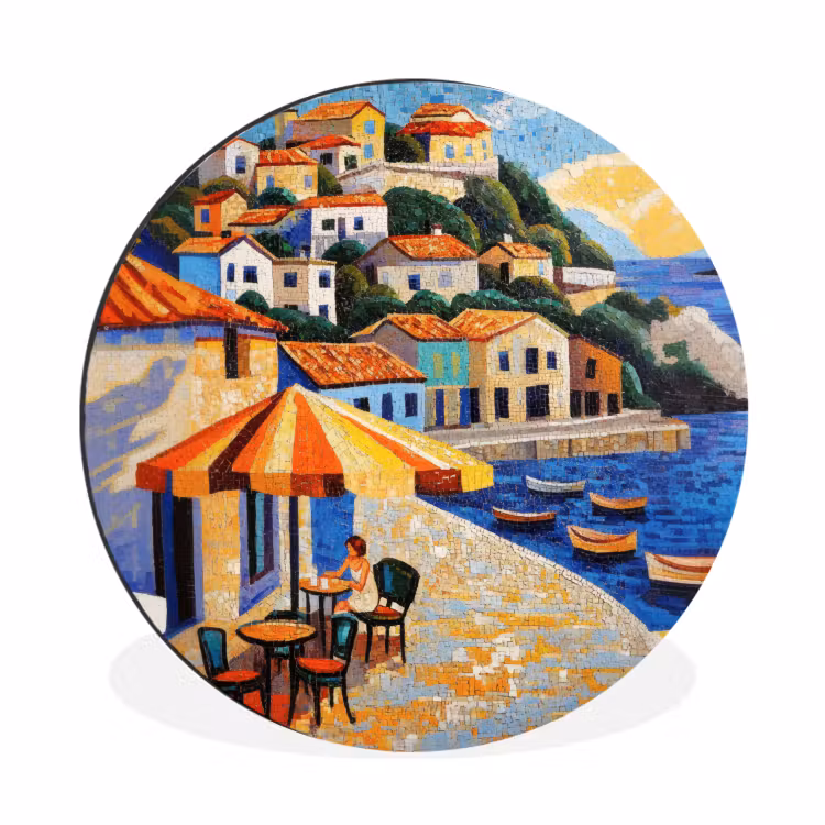 Kustdorp - Huisjes - Mozaïek - Zee Wandcirkel aluminium klein -3d