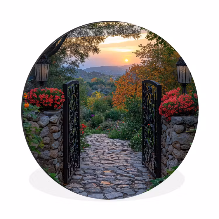 Landschap - Hek - Pad - Zonsondergang - Natuur Wandcirkel aluminium klein -3d