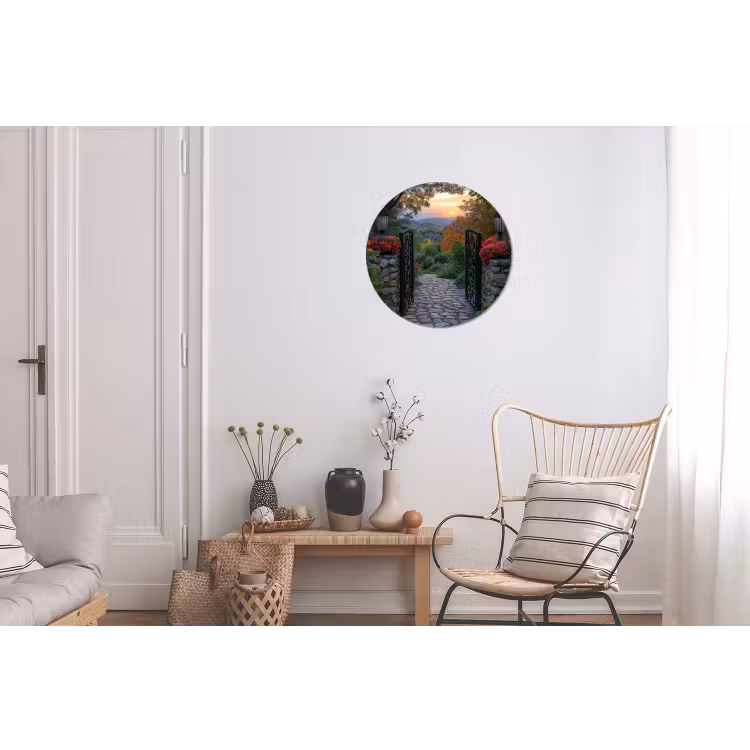 Landschap - Hek - Pad - Zonsondergang - Natuur Wandcirkel aluminium klein -woonkamer
