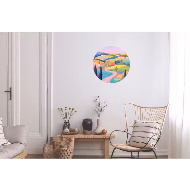 Landschap - Paars - Pastel - Huizen Wandcirkel aluminium klein -woonkamer