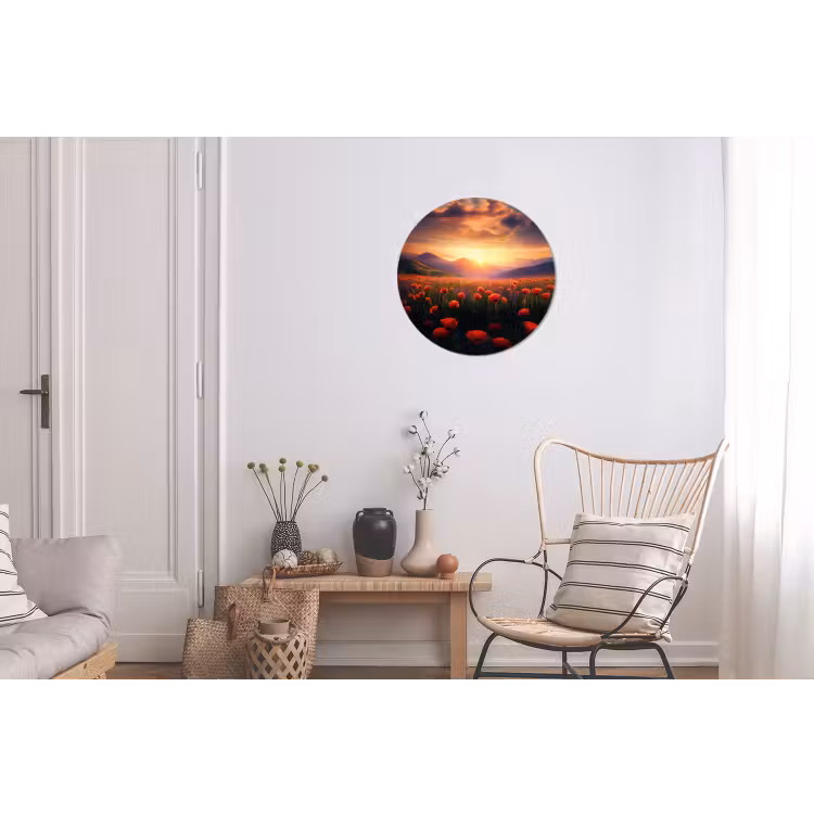 Landschap - Zonsondergang - Bloemenveld Wandcirkel aluminium klein -woonkamer