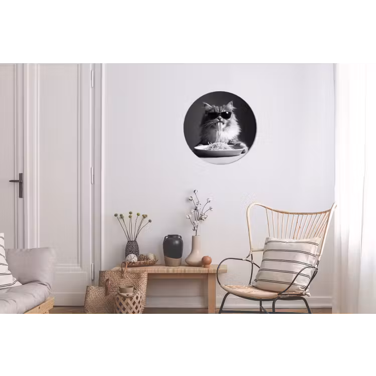 Langharige kat - Zonnebril - Spaghetti - Humor - Zwart - wit Wandcirkel aluminium klein -woonkamer