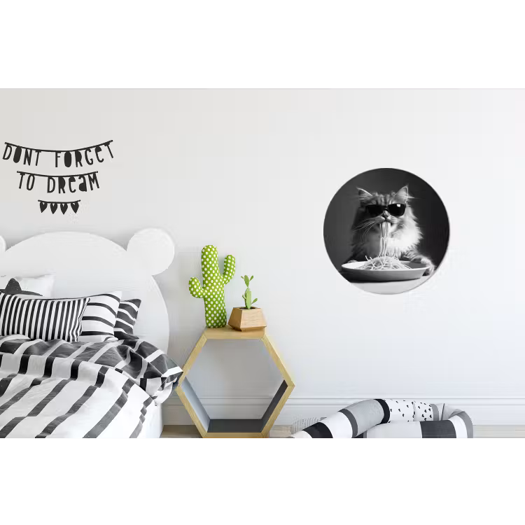 Langharige kat - Zonnebril - Spaghetti - Humor - Zwart - wit Wandcirkel aluminium klein -kinderkamer