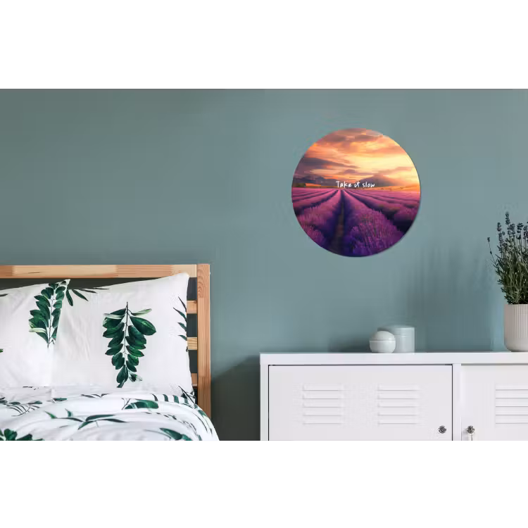 Lavendelveld - Quote - Zonsondergang Wandcirkel aluminium klein -slaapkamer
