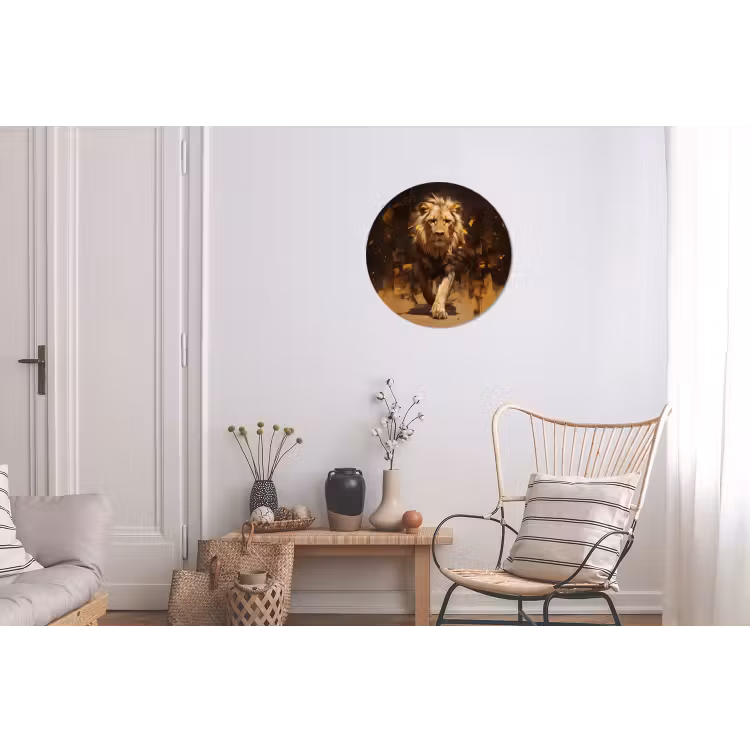 Leeuw - Geschilderd - Abstract - Goud Wandcirkel aluminium klein -woonkamer