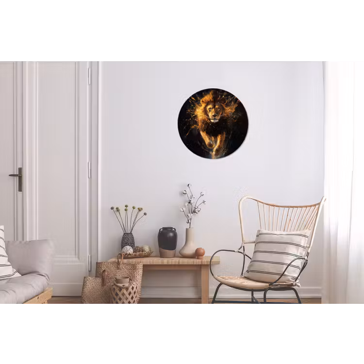 Leeuw - Zwart - Oranje - Verf Wandcirkel aluminium klein -woonkamer