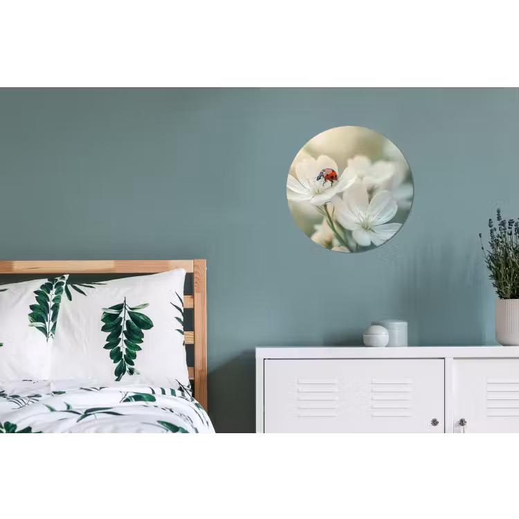 Lieveheersbeestje - Bloemen - Wit Wandcirkel aluminium klein -slaapkamer