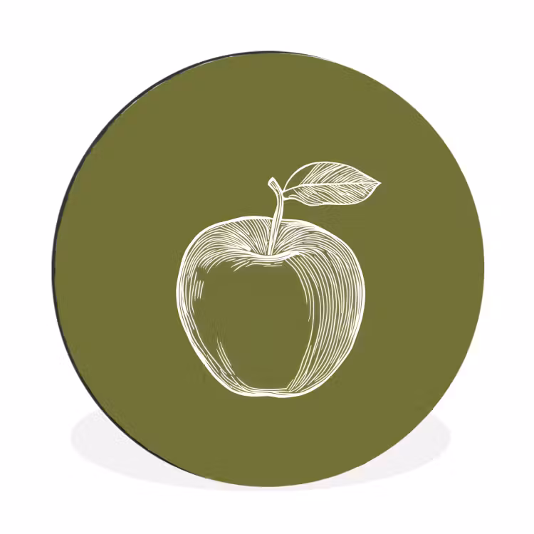 Lijntekening - Appel - Olijfgroen - Blaadje Wandcirkel aluminium klein -3d