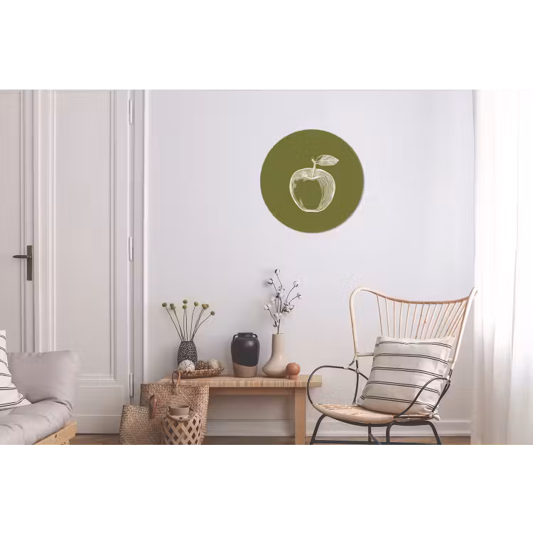 Lijntekening - Appel - Olijfgroen - Blaadje Wandcirkel aluminium klein -woonkamer