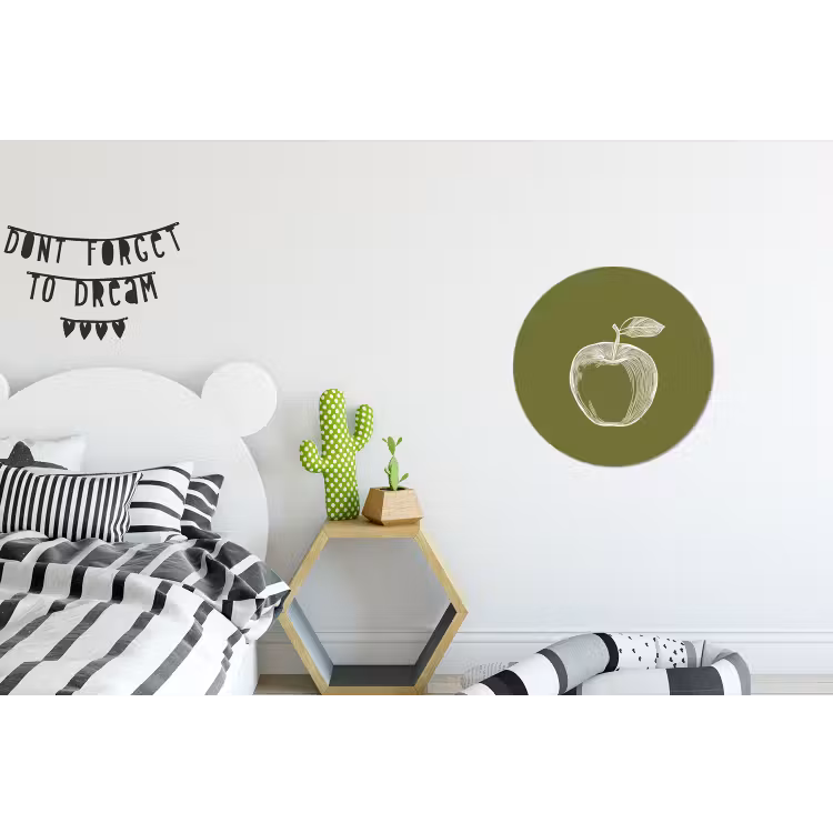 Lijntekening - Appel - Olijfgroen - Blaadje Wandcirkel aluminium klein -kinderkamer