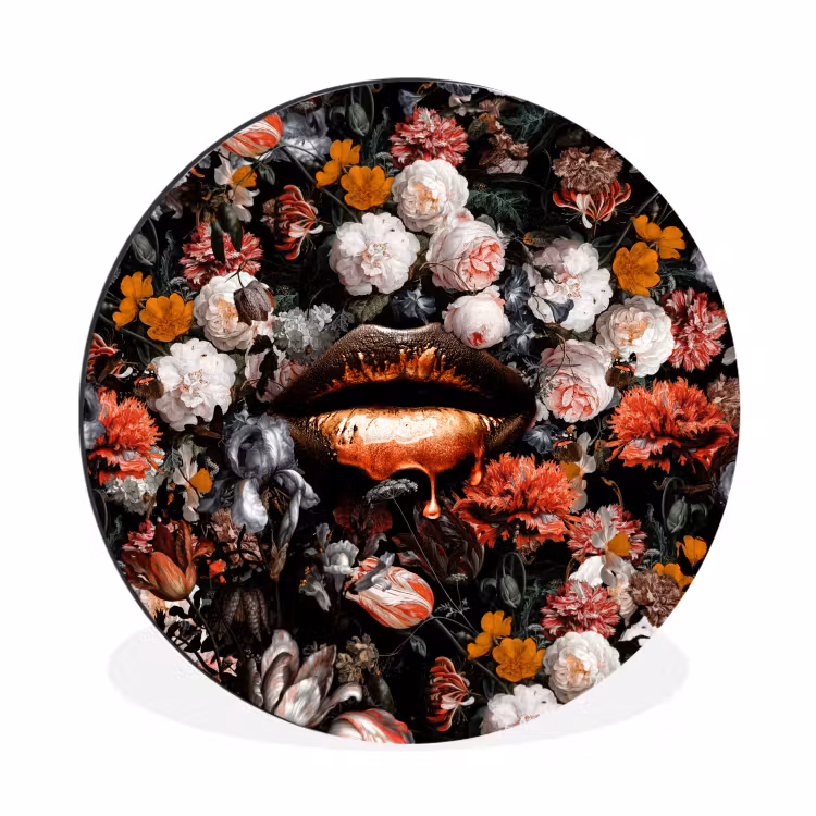 Lippen - Bloemen - Verf - Oranje - Kunst - Abstract - Oude meesters Wandcirkel aluminium klein -3d