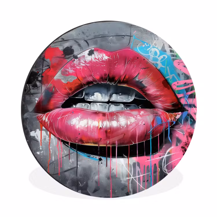 Lippen - Felroze - Graffiti - Verfstrepen Wandcirkel aluminium klein -3d
