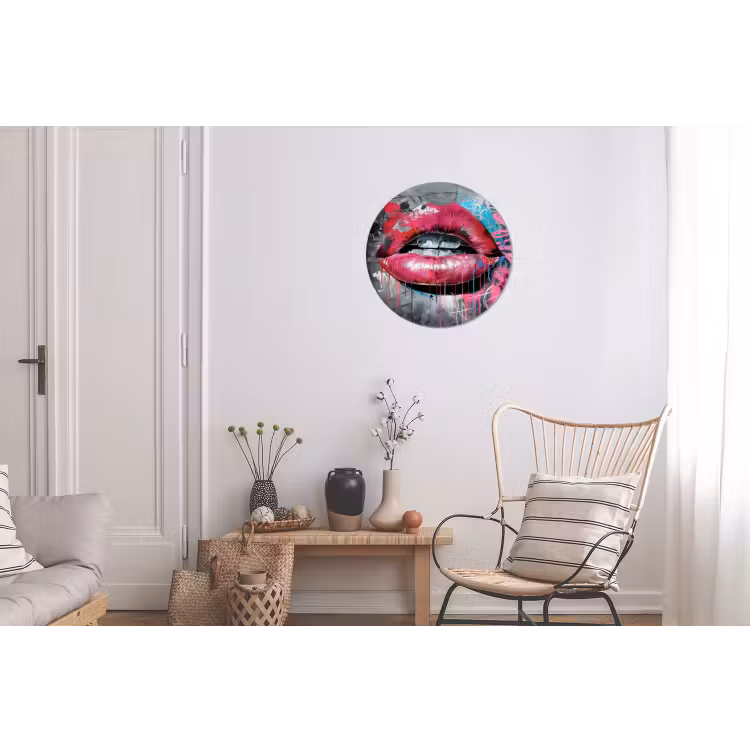 Lippen - Felroze - Graffiti - Verfstrepen Wandcirkel aluminium klein -woonkamer