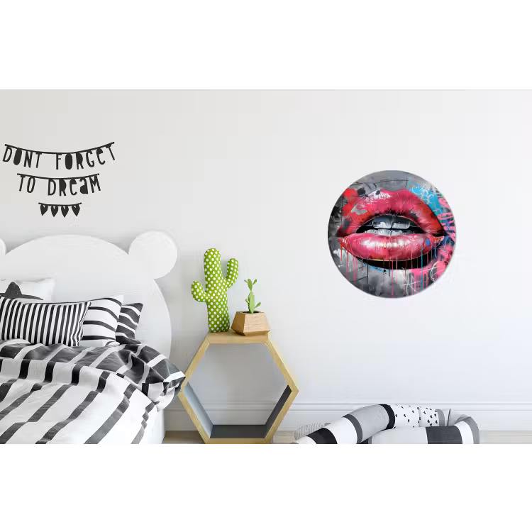 Lippen - Felroze - Graffiti - Verfstrepen Wandcirkel aluminium klein -kinderkamer
