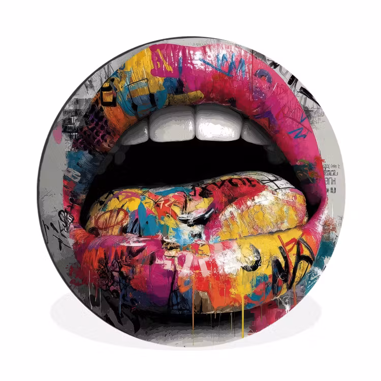 Lippen - Graffiti - Expressief Wandcirkel aluminium klein -3d