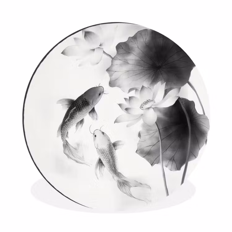 Lotusbloemen - Vissen - Bladeren - Zwart Wandcirkel aluminium klein -3d