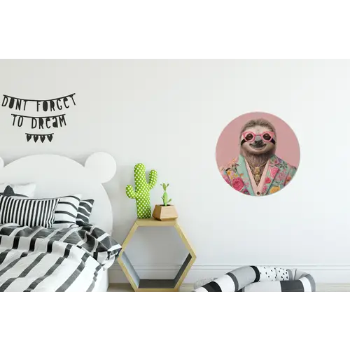 Luiaard - Bloemenprint - Bril - Roze Wandcirkel aluminium klein -kinderkamer