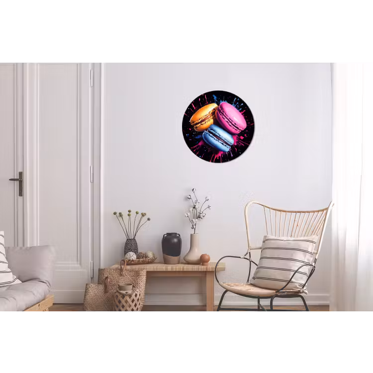 Macarons - Dessert - Graffiti - Kleurrijk - Roze - Blauw - Geel Wandcirkel aluminium klein -woonkamer