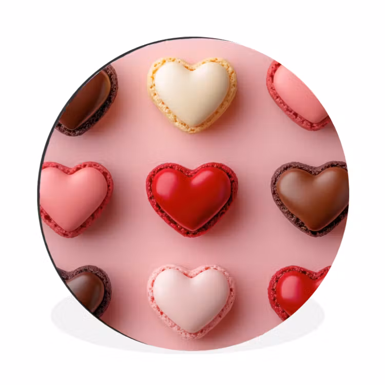 Macarons - Hartjes - Kleurrijk - Roze Wandcirkel aluminium klein -3d