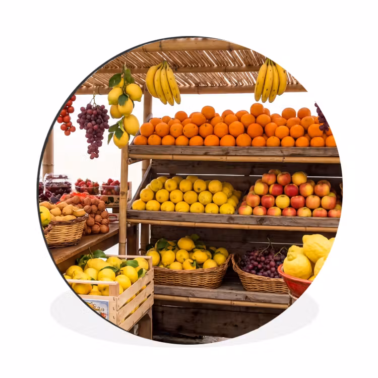 Muurcirkel aluminium - Marktkraam - Fruit - Vers - Marktkraam - Fruit - Vers Wandcirkel aluminium klein