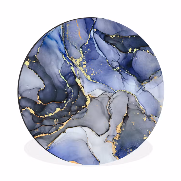 Marmer - Goud - Abstract - Blauw Wandcirkel aluminium klein -3d