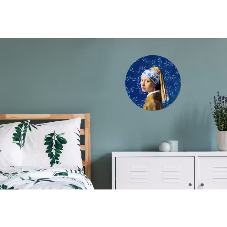 Meisje met de parel - Delfts blauw - Vermeer - Bloemen - Schilderij - Oude meesters Wandcirkel aluminium klein -slaapkamer