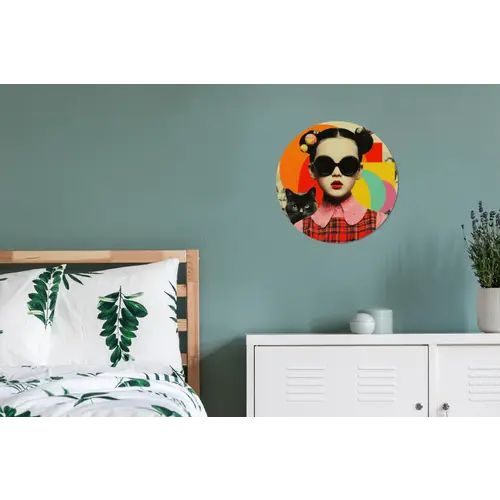 Meisje - Zonnebril - Kat - Retro Wandcirkel aluminium klein -slaapkamer