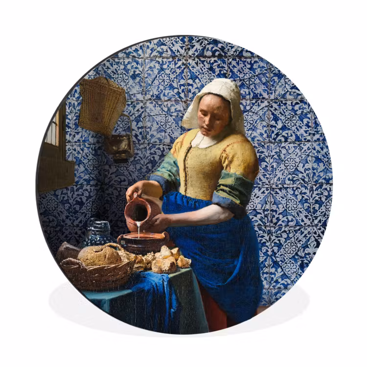 Melkmeisje - Delfts Blauw - Vermeer - Schilderij - Oude meesters Wandcirkel aluminium klein -3d