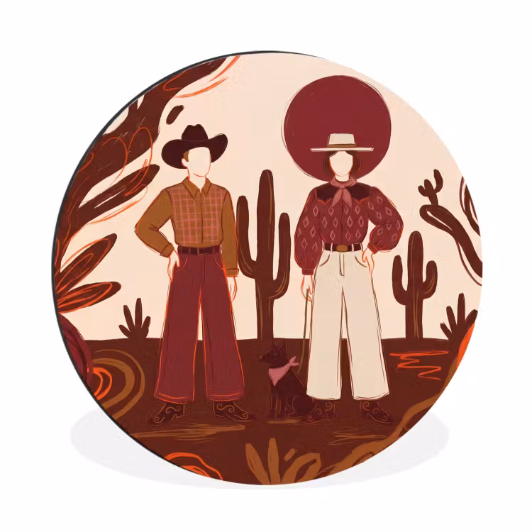Mensen - Cowboykleding - Westerse stijl - Illustratie - Bruin Wandcirkel aluminium klein -3d