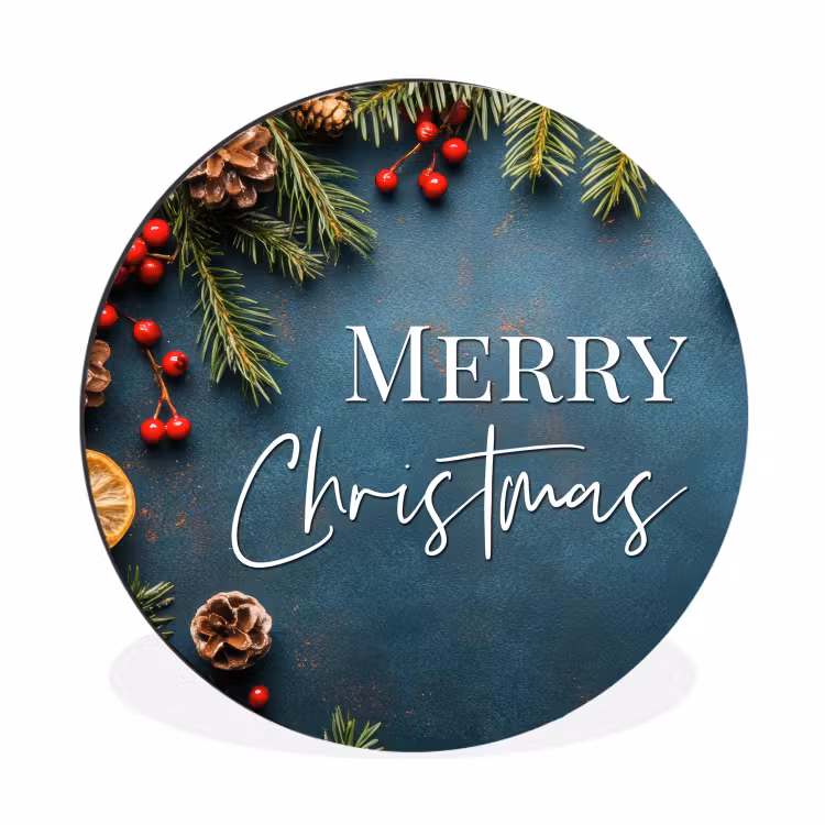 Merry Christmas - Blauw - Kerst - Winter Wandcirkel aluminium klein -3d