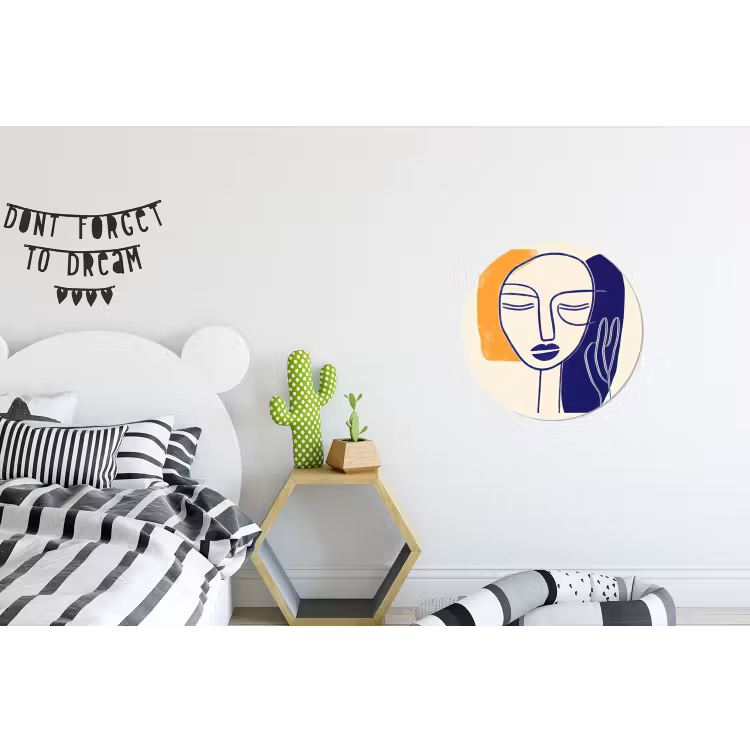 Minimalistisch - Gezicht - Hand - Oranje - Blauw Wandcirkel aluminium klein -kinderkamer