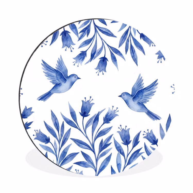 Modern - Vogels - Delfts - Blauw Wandcirkel aluminium klein -3d