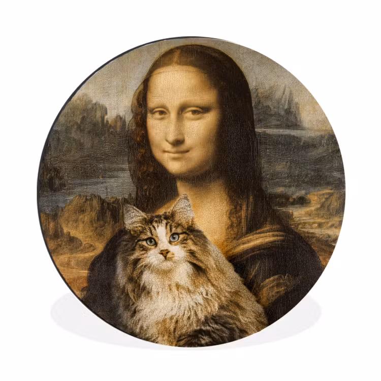 Mona Lisa - Kat - Leonardo da Vinci - Vintage - Kunstwerk - Oude meesters - Schilderij Wandcirkel aluminium klein -3d