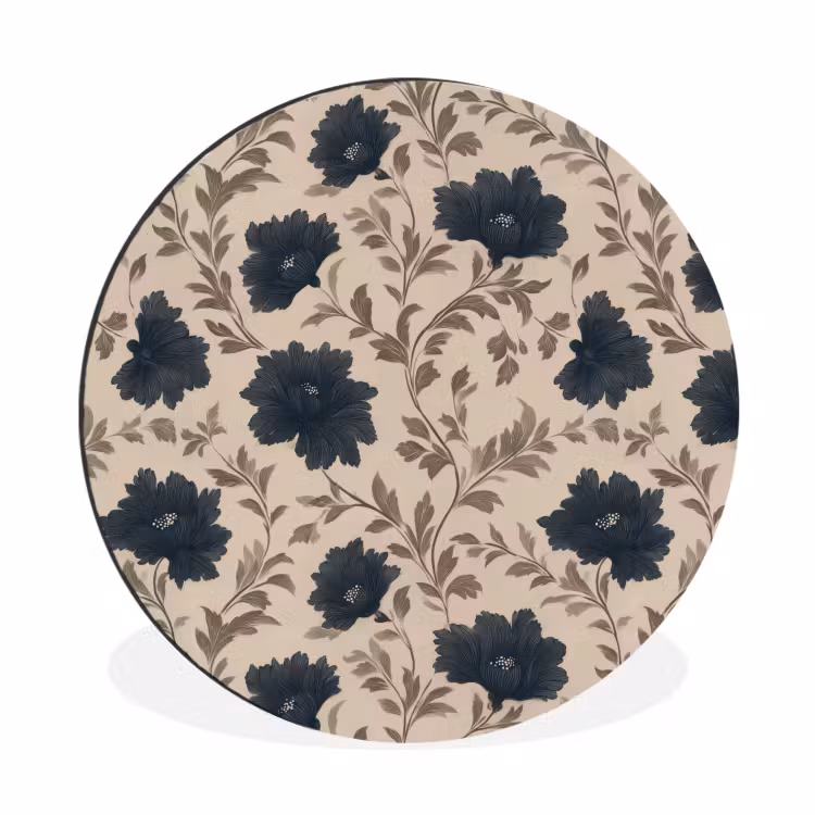 Motief - Bloemen - Zwart - Beige Wandcirkel aluminium klein 190 -3d