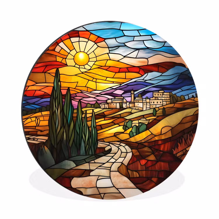 Mozaïek - Zon - Landschap - Dorp Wandcirkel aluminium klein -3d