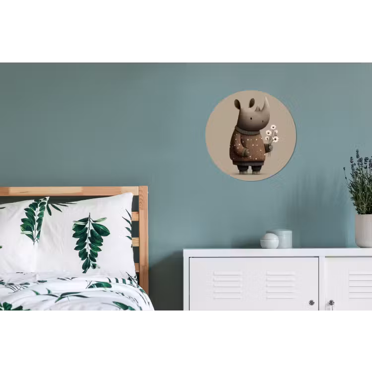 Neushoorn - Witte bloemen - Lief Wandcirkel aluminium klein -slaapkamer