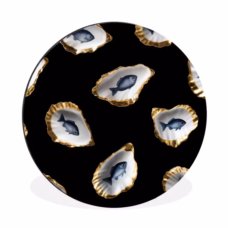 Oesters - Vissen - Blauw - Goud Wandcirkel aluminium klein -3d