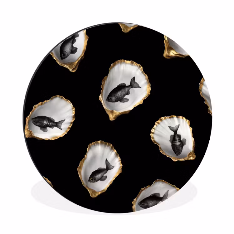 Oesters - Zwart - Vissen - Goud Wandcirkel aluminium klein -3d
