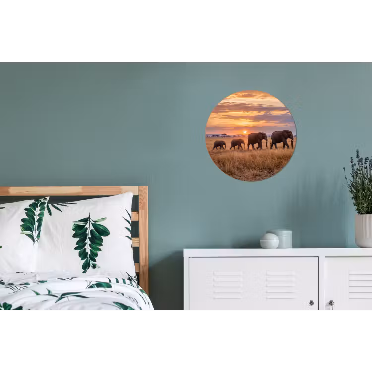 Olifanten - Savanne - Zonsondergang - Afrika - Warm Wandcirkel aluminium klein -slaapkamer